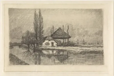 Landschap met boerderij en hooiberg