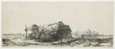 Landschap met boerderij en hooimijt