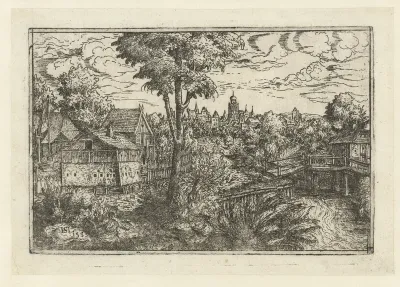 Landschap met boerderij en houten brug