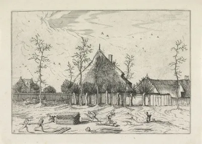 Landschap met boerderij en houthakkers