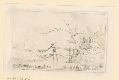 Landschap met boerderij en jager op een houten brug