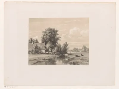 Landschap met boerderij en koe in het water