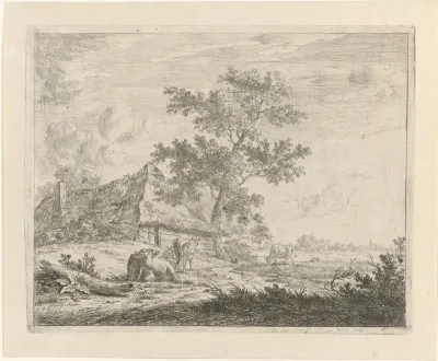 Landschap met boerderij en koeien
