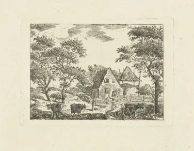 Landschap met boerderij en koeien in weiland