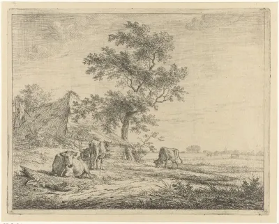 Landschap met boerderij en koeien