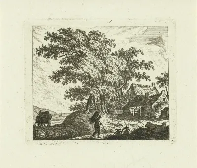Landschap met boerderij en man met takkenbos