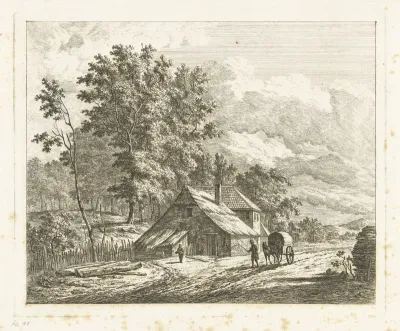Landschap met boerderij en paard en wagen op landweg