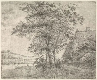 Landschap met boerderij en put