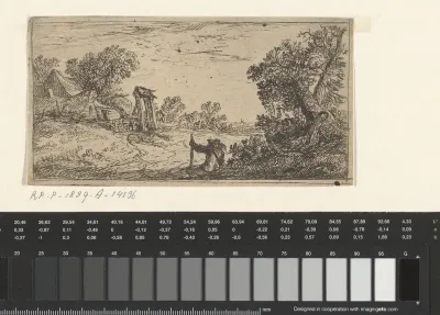 Landschap met boerderij en rustende reiziger