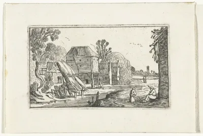 Landschap met boerderij en schuur op palen bij een water