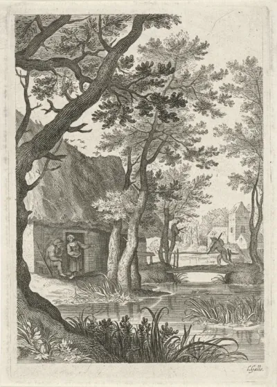 Landschap met boerderij en sloot met bruggetje