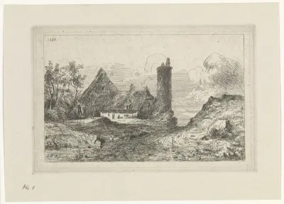 Landschap met boerderij en toren