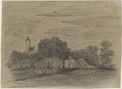 Landschap met boerderij en toren