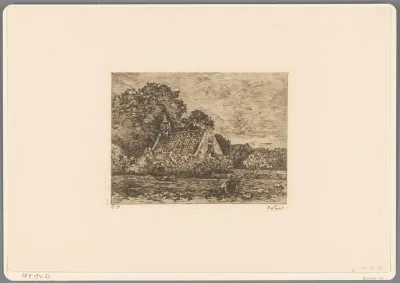 Landschap met boerderij en twee figuren aan het werk in de moestuin