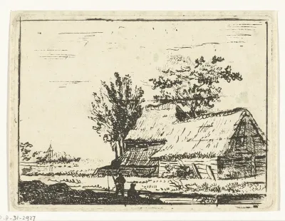 Landschap met boerderij en twee hengelaars bij een slootje