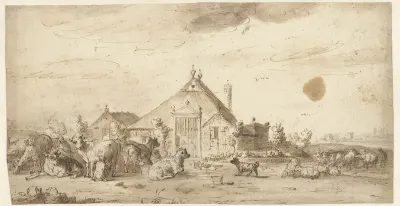 Landschap met boerderij en vee