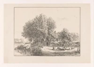 Landschap met boerderij en vee