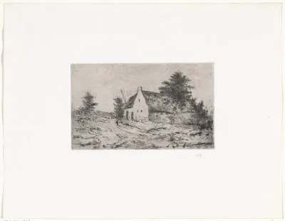 Landschap met boerderij en vijver met eenden