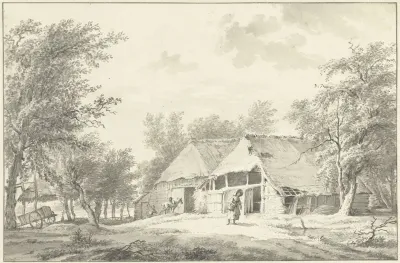 Landschap met boerderij en vrouw met mand