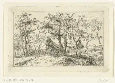 Landschap met boerderij en wandelaar