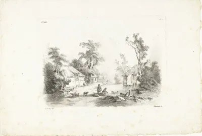 Landschap met boerderij en wasvrouw bij water