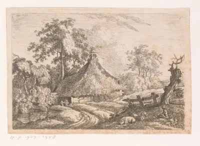 Landschap met boerderij en weide met vee