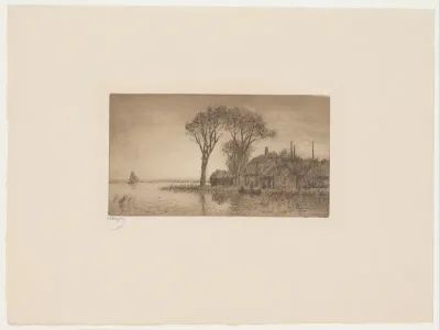 Landschap met boerderij in de bocht van een rivier