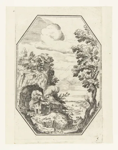 Landschap met boerderij in octagonaal kader