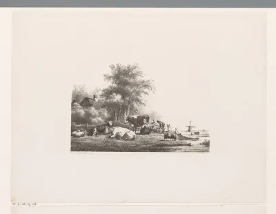 Landschap met boerderij, kudde en melkende boerin