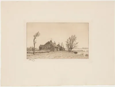 Landschap met boerderij met hooiberg