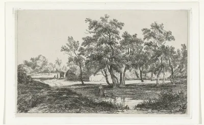 Landschap met boerderij tussen de bomen