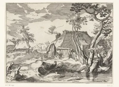 Landschap met boerderijen aan landweg