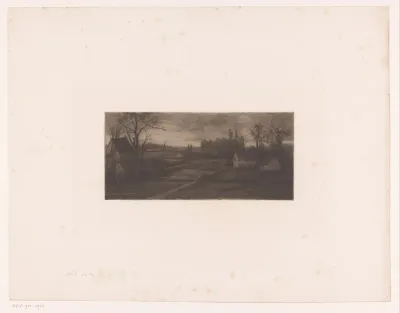 Landschap met boerderijen bij avond