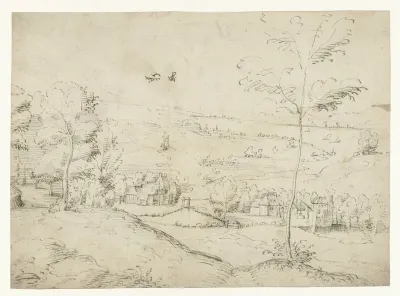 Landschap met boerderijen bij een rivier