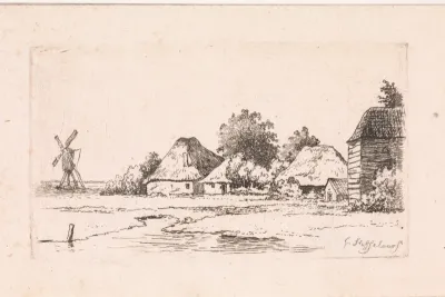Landschap met boerderijen en een molen