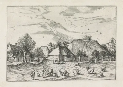 Landschap met boerderijen en een veehoeder