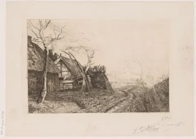Landschap met boerderijen en molen