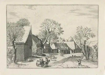 Landschap met boerderijen en schuur