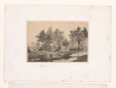 Landschap met boerderijen en twee figuren bij een beek