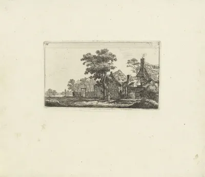 Landschap met boerderijen en vrouw met kind