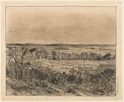 Landschap met boerderijen gezien vanaf de duinen bij Bergen