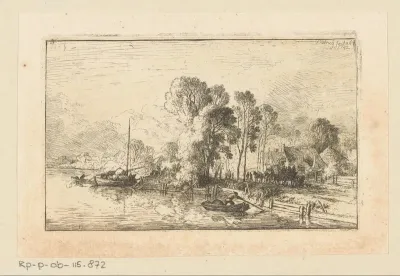 Landschap met boerderijen, gezien vanaf het water