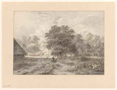 Landschap met boerderijen tussen bomen