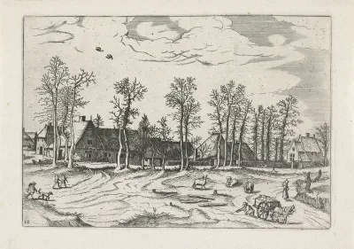Landschap met boerderijen, vee en mensen