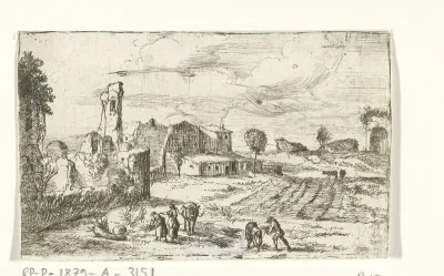 Landschap met boeren bij het oogsten