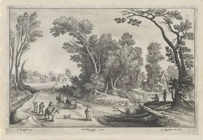 Landschap met boeren op weg naar de markt