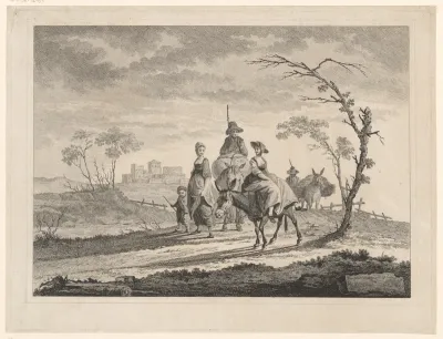 Landschap met boerenfiguren en ezels