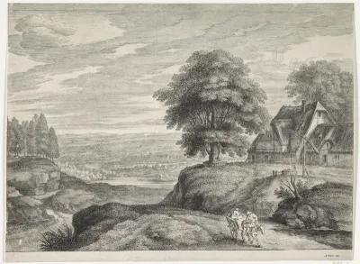 Landschap met boerenkar bij boerderij