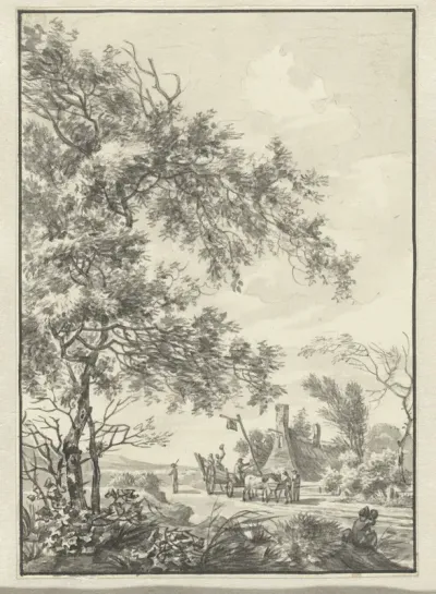 Landschap met boerenwagen bij een herberg