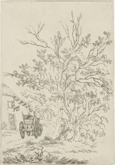 Landschap met boerenwagen bij herberg